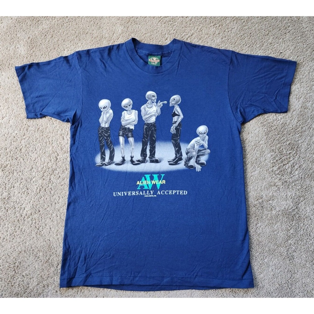 Vintage Alien Wear Shirt Mens Large Blue 1996 Universally‎ Accepted Logotel Tag